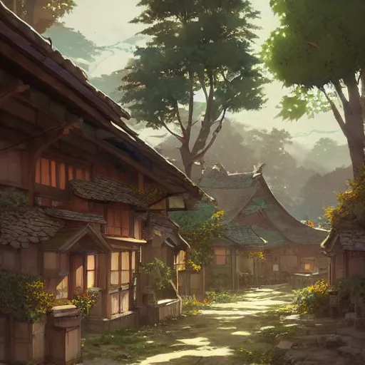 Image similar to concept art painting of a cozy village in a mountainous forested valley, historic english and japanese architecture, realistic, detailed, cel shaded, in the style of makoto shinkai and greg rutkowski and james gurney