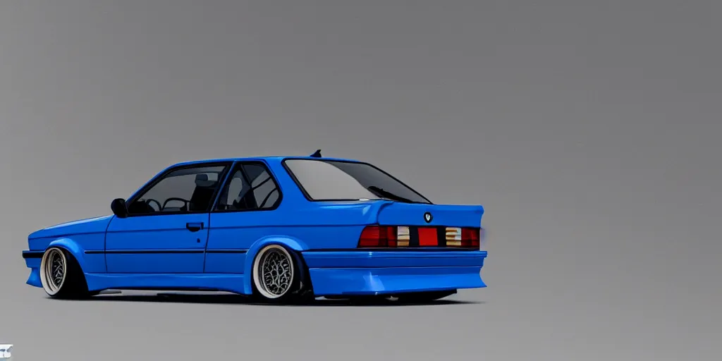 Image similar to bright dark blue BMW e30 drifting, hyper realism, depth of view 8k.