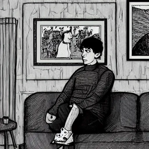 Image similar to A very sad Jon Arbuckle in real life sitting in his living room at home while holding a beer and being depressed, extremely depressed while watching TV, very nostalgic, very melancholic, dramatic angle, rotoscoped, rotoscope, photoshop, photomanipulation, realism, painting, illustration and sketch, weird scribbles, hybrid styles, hybrid art styles, mismatched, trending on artstation, trending on deviantart, weird, quirky, interesting, very detailed, highly detailed, HD Quality, 4k resolution, 8k resolution, in the style of David Firth, in the style of James Lee, in the style of Drue Langlois,