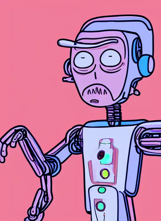 Prompt: an artificial intelligence in a robot short circuiting trying to figure how hands look, rick and morty art style illustration