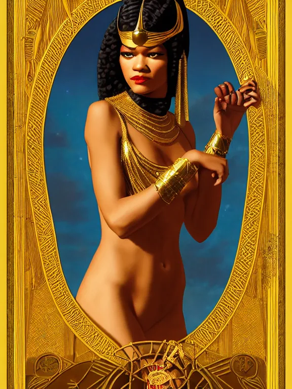 Image similar to zendaya as the Egyptian goddess bast, a beautiful art nouveau portrait by Gil elvgren, Nile river moonlight environment , centered composition, defined features, golden ratio, gold jewlery, photorealistic professional lighting, cinematic