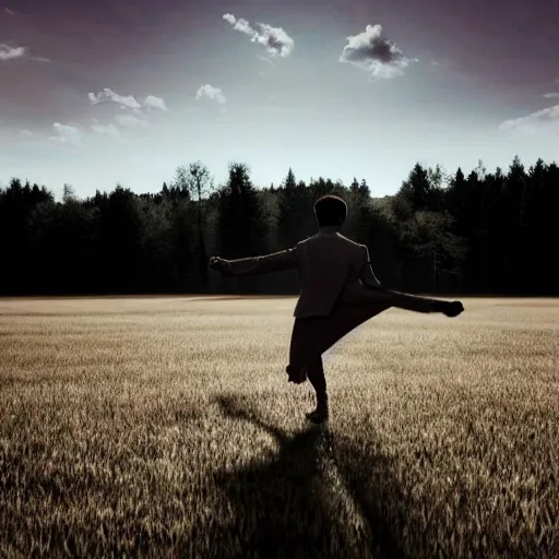 Image similar to a man made of origami dancing on a meadow, cinematic light