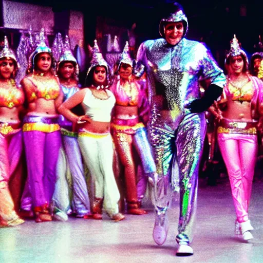 Prompt: 1 9 8 0 s bollywood movie, an elephant wearing a silver latex suit and an iridescent metal helmet surrounded by women dancing in colorful flowing intricate dresses on a tropical alien planet