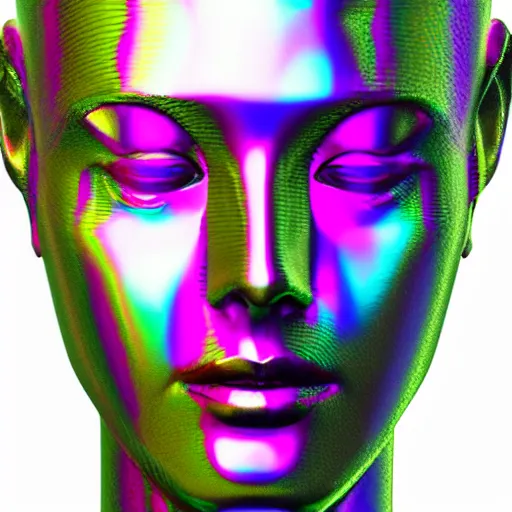 Image similar to topographic lines create a 3d render of holographic human robotic head made of glossy iridescent, surrealistic 3d illustration of a human face non-binary, non binary model, 3d model human, cryengine, made of holographic texture, holographic material, holographic rainbow, concept of cyborg and artificial intelligence, topographic lines