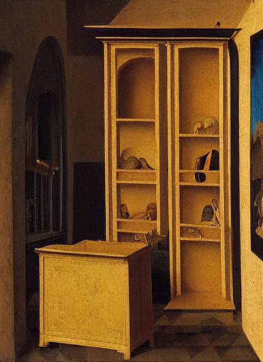 Image similar to bookshelf with children toys, medieval painting by jan van eyck, johannes vermeer, florence