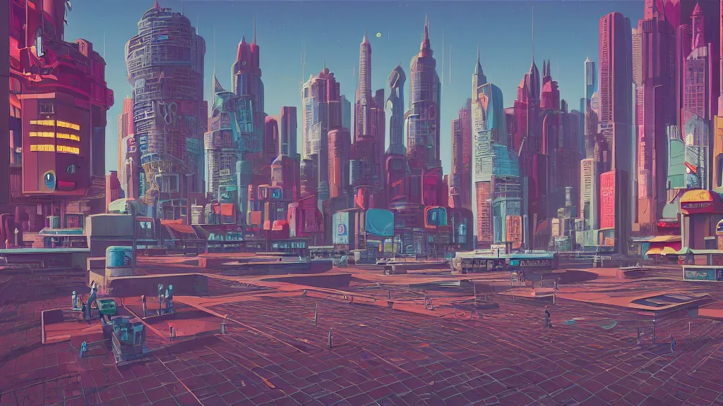Image similar to street level view of empty plaza in retro robot city at the other side of nowhere, sharp digital painting. retrofuturism. concept art. artstation. casey weldon. digital render. dan mumford.