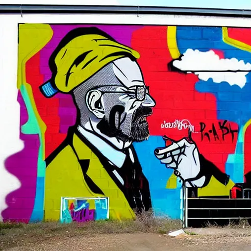 Prompt: a graffiti mural of breaking bad in the art style of Banksy