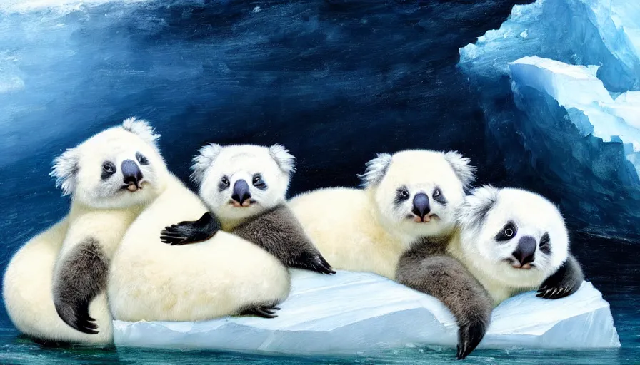 Prompt: highly detailed painting of cute furry white baby seal panda koalas cuddling into each other on a blue and white iceberg by william turner, by greg rutkowski, by william constable, thick brush strokes and visible paint layers, 4 k resolution