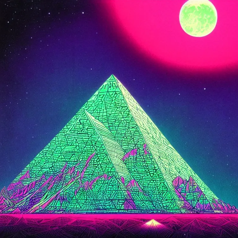 Prompt: mysterious ufo hovers over mythical crystal pyramid, fractal waves, pink ringed moon, bright neon colors, highly detailed, cinematic, eyvind earle, tim white, philippe druillet, roger dean, ernst haeckel, lisa frank, aubrey beardsley