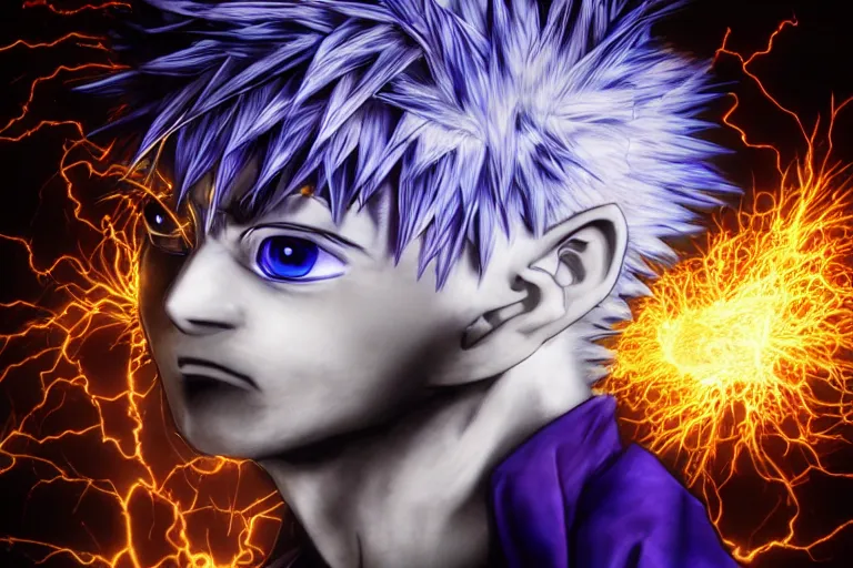 Image similar to killua lightning speed photography by david yarrow anime concept art jojo's bizarre adventure hirohito araki hyperrealistic live action raytracing blue and purple color cgi render