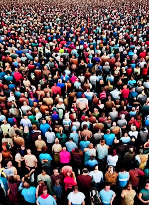 Prompt: photograph of people gathered in preparation for the end of the world all of their mouths are agape.