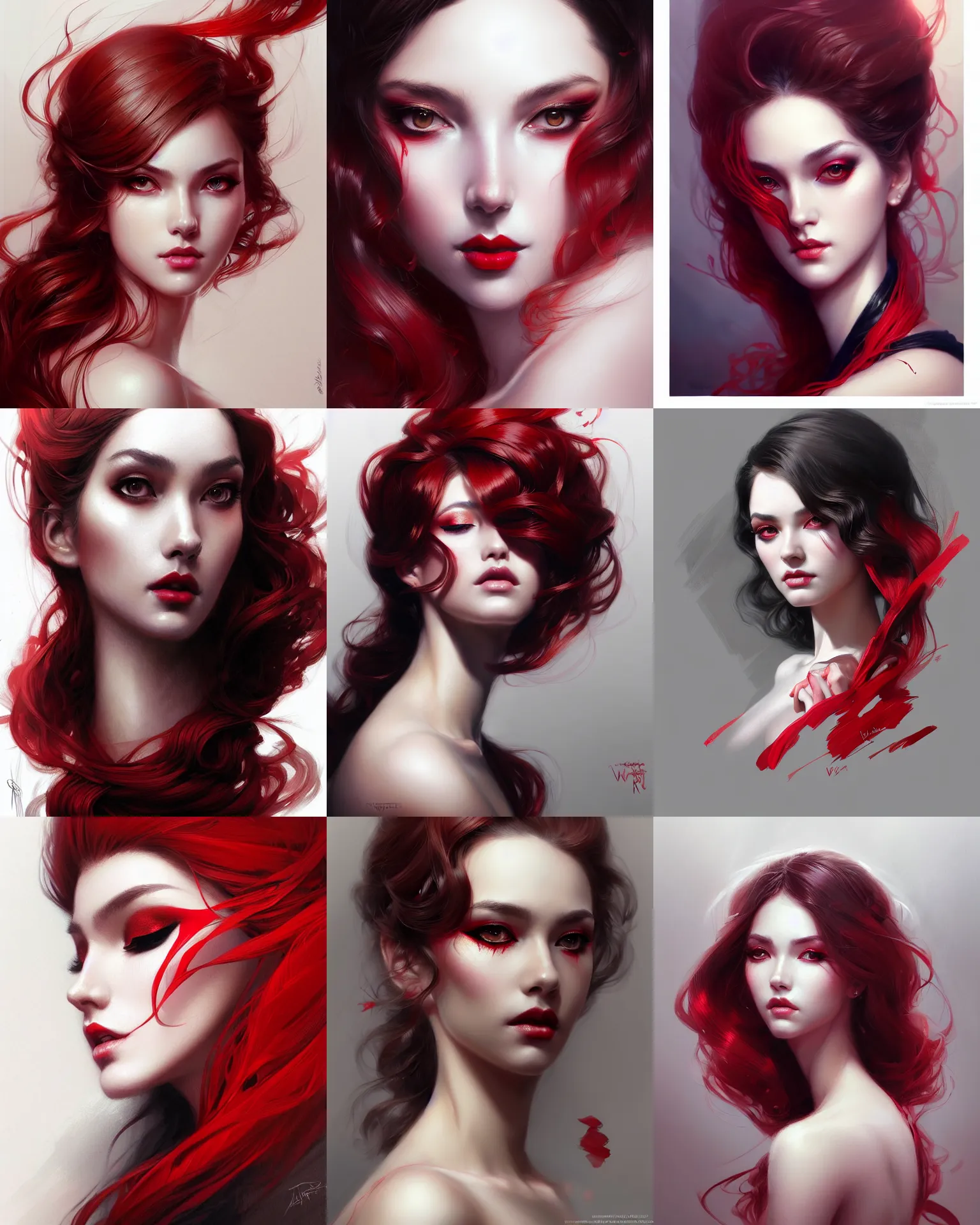 Prompt: 3 / 4 view of portrait lady with eyeliner makeup, wavy lingeries, intricate, elegant, sharp focus, illustration, highly detailed, digital painting, concept art, art by wlop and artgerm and greg rutkowski and ross tran, masterpiece, red and white and black colors