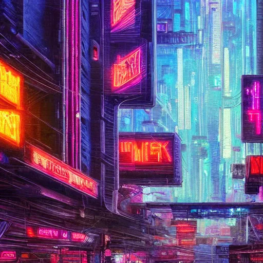 Prompt: an impressionist oil painting of a cyberpunk dystopian city with a lot of neon signs