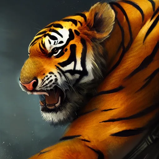 Image similar to commission portrait of a male anthro tiger wearing heavy combat armour.dramatic,character design by charles bowater,greg rutkowski,ross tran,hyperdetailed,hyperrealistic,4k,deviantart,artstation,professional photography,concept art