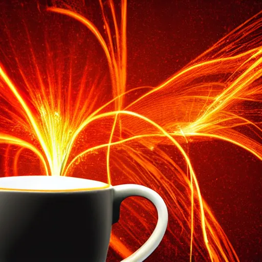 Prompt: a coffee cup filled with magma digital art, highly detailed, sparks in the background, out of focus background