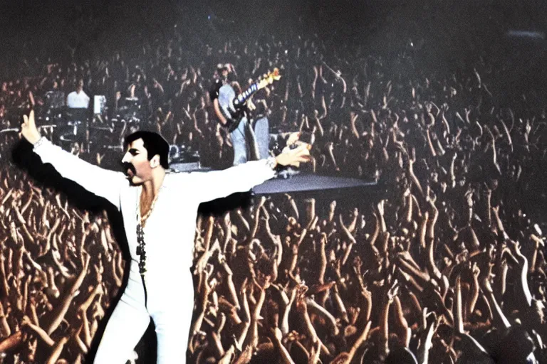 Image similar to freddie mercury singing at a death metal punk concert. mosh pit, elaborate clothing, violent rock concert yellow and white clothing, huge angel wings - s 1 5 0