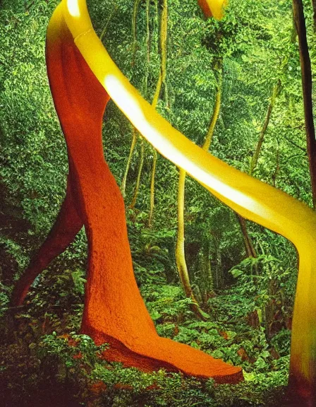 Image similar to vintage color photo of a giant 1 1 0 million years old abstract sculpture made of light covered by the jungle vines