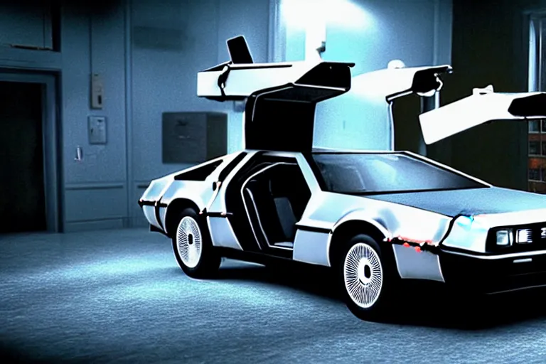 Image similar to photograph of the delorean from back to the future in half life 2, dark room, cinematic, volumetric lighting, hyperdetailed photograph