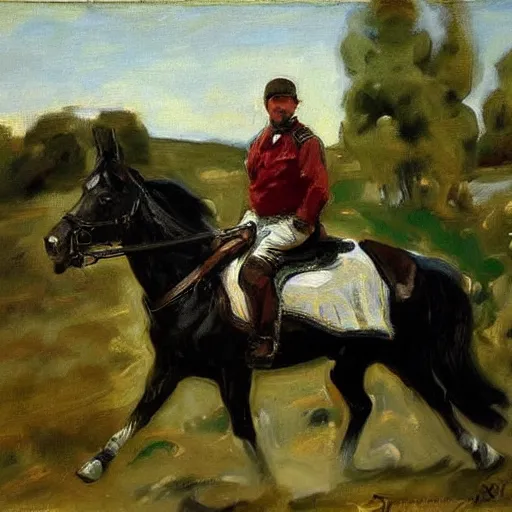 Image similar to painting joe rogan riding a horse, John Singer Sargent style
