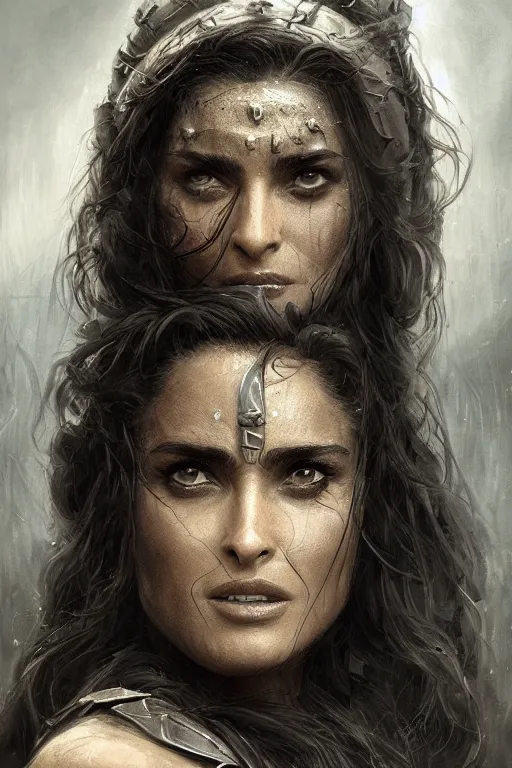 Image similar to portrait, Salma Hayek , barbarian , face portrait, raphael lacoste, eddie mendoza, alex ross, concept art, matte painting, highly detailed, rule of thirds, dynamic lighting, cinematic, detailed, denoised, centerd