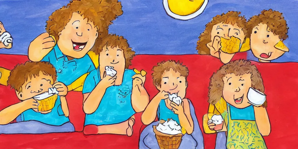 Image similar to a children's book illustration of three young kids enjoying ice cream in the style of steve simpson