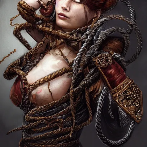 Image similar to portrait of a Shibari rope wrapped face and neck, headshot, insanely nice professional hair style, dramatic hair color, digital painting, of a old 15th century, roman soilder, amber jewels, baroque, ornate clothing, scifi, realistic, hyperdetailed, chiaroscuro, concept art, art by Franz Hals and Jon Foster and Ayami Kojima and Amano and Karol Bak,