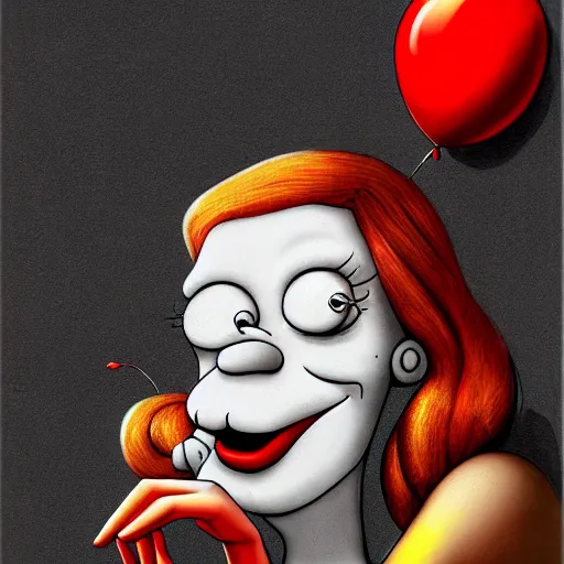 Image similar to surrealism grunge cartoon portrait sketch of margot robbie with a wide smile and a red balloon by - michael karcz, loony toons style, homer simpson style style, horror theme, detailed, elegant, intricate