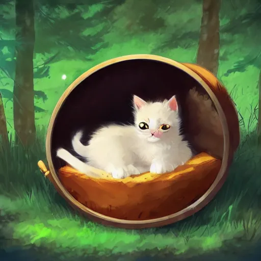 Image similar to cute kitten sleeping in an overgrown oil drum in a forest, digital art, artstation, studio ghibli