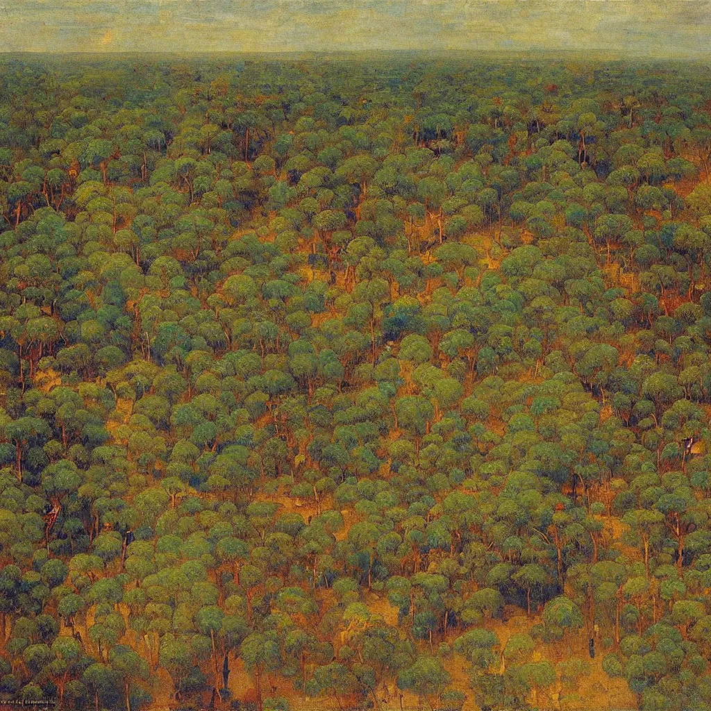 Image similar to the forests of Dahomey in Benin, from above, 1905, colorful highly detailed oil on canvas, by Ilya Repin