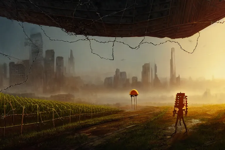 Image similar to a walking house on mechanical legs, rust, vines, city in background, hyperrealistic, highly detailed, cinematic, single ray of sun, fog, beautiful, cgssociety, artstation, 8 k, oil painting