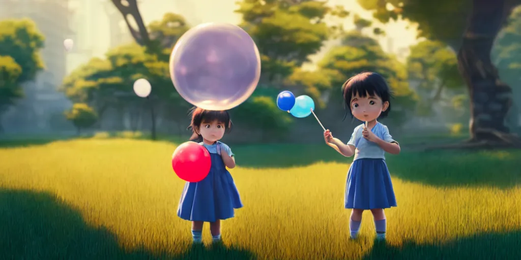 Image similar to a little girl with lollypop, holding blue balloon on a string, studio ghibli, pixar and disney animation, sharp, rendered in unreal engine 5, anime key art by greg rutkowski, bloom, dramatic lighting