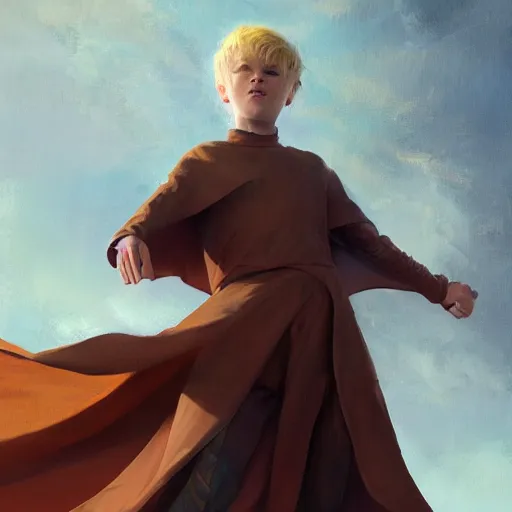 Image similar to blonde boy wearing a brown cape and flying in t pose, closeup, powerful, space background, oil painting, brush strokes, greg rutkowski