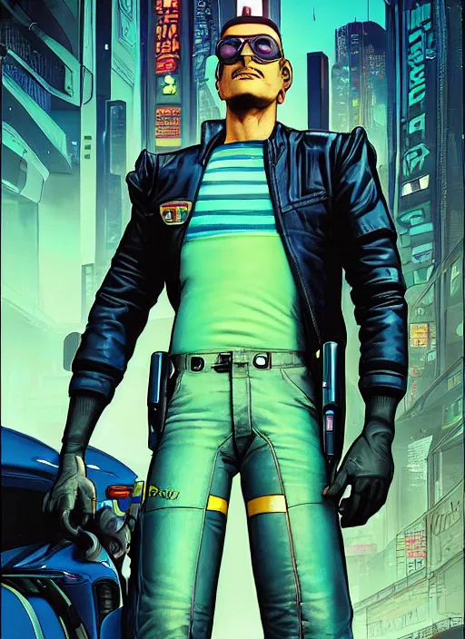 Image similar to cyberpunk traffic cop. portrait by mœbius and will eisner and gil elvgren and pixar. realistic proportions. cyberpunk 2 0 7 7, apex, blade runner 2 0 4 9 concept art. cel shading. attractive face. thick lines.