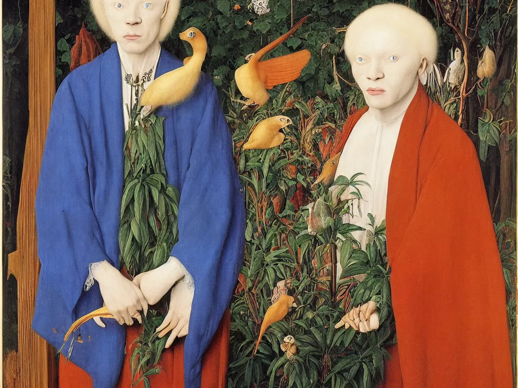 Image similar to Portrait of albino mystic with blue eyes, with beautiful exotic Blepharopsis mendica. Painting by Jan van Eyck, Audubon, Rene Magritte, Agnes Pelton, Max Ernst, Walton Ford