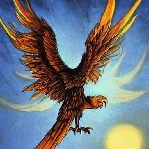 Prompt: Glowing Phoenix bird flying above a city in the moonlight painted by Caravaggio. High quality.