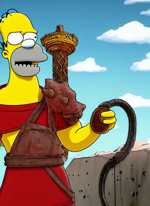 Image similar to Homer Simpson:: depicted as Kratos God of War, high detailed official artwork