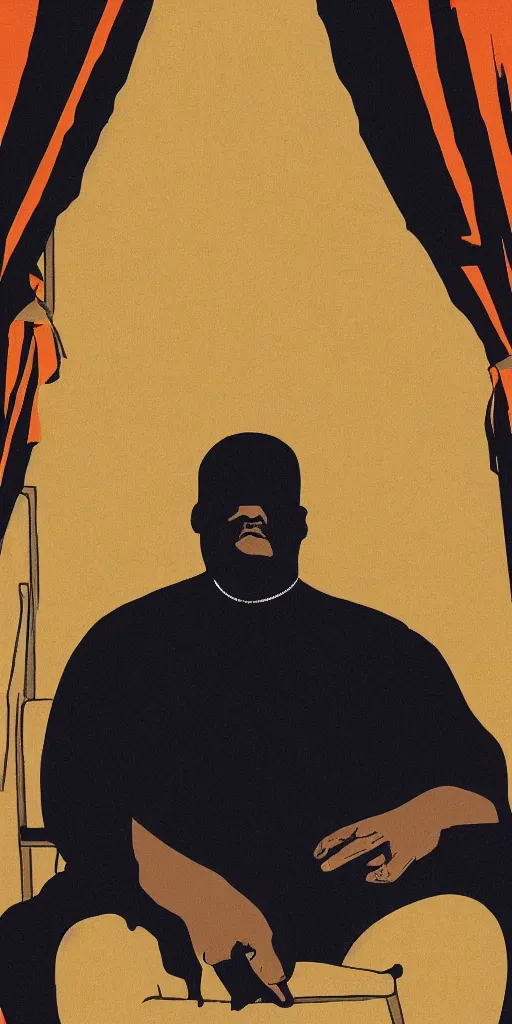 Prompt: style of frank miller, portrait of big black man sitting on throne, background made of big curtains