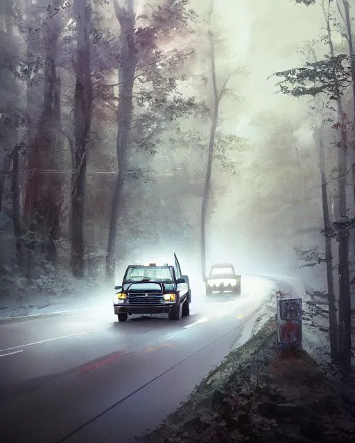 Prompt: a ford truck driving on a winding road through a ghostly, foggy, ominous, forest, faint outlines of ghosts. By Makoto Shinkai, Stanley Artgerm Lau, WLOP, Rossdraws, James Jean, Andrei Riabovitchev, Marc Simonetti, krenz cushart, Sakimichan, trending on ArtStation, digital art.