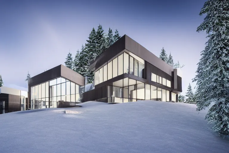 Image similar to modern modern fachwerk house with in the forest on the foot of Elbrus mountain covered by snow on the background, architecture, 3d render 8k , high details