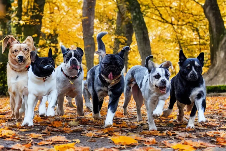 Prompt: four dogs of completely different breeds running through autumn leaves towards the camera