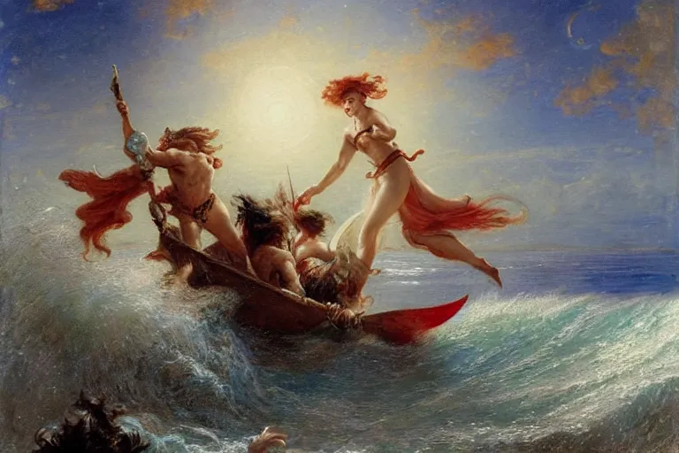 Prompt: painting of a mythical hero crossing the ocean on a small boat fighting a humanoid personification of a wave. a personification of the moon overlooks the fight. art by gaston bussiere.