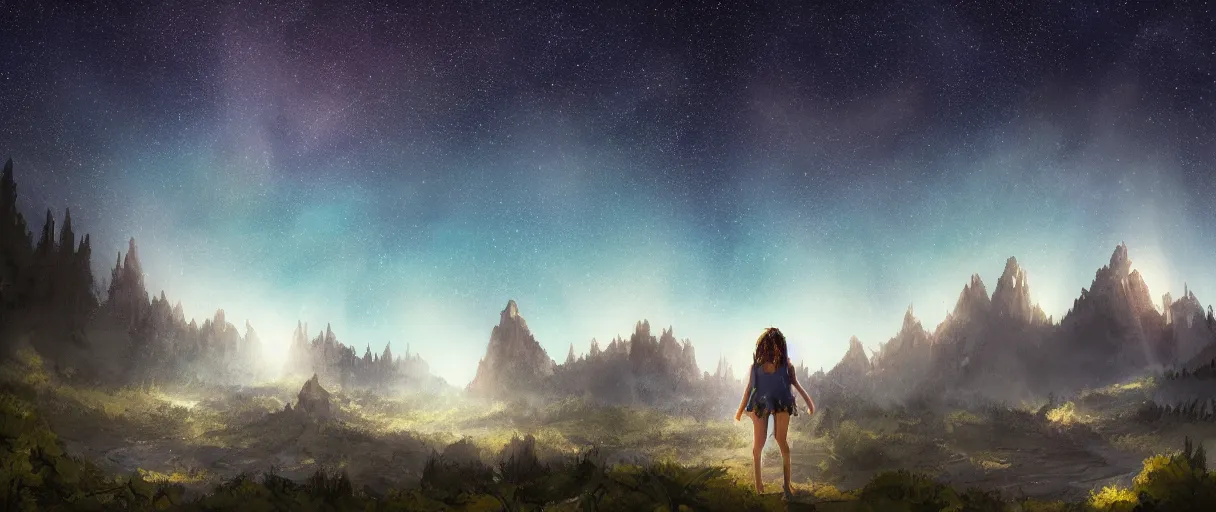 Image similar to digital photography of a ultra detailed night sky with constellations, detailed very beautiful native American girl with short hair swimming in a blue pool, Perseides meteor shower, ultra detailed hill top over behind a forest, large mountains in back, concept art, low angle, high detail, warm lighting, volumetric, vivid, beautiful, trending on artstation, by Jordan Grimmer, no focus, huge scene, ultra detailed trees, F11 aperture, in the style of JIM RICHARDSON