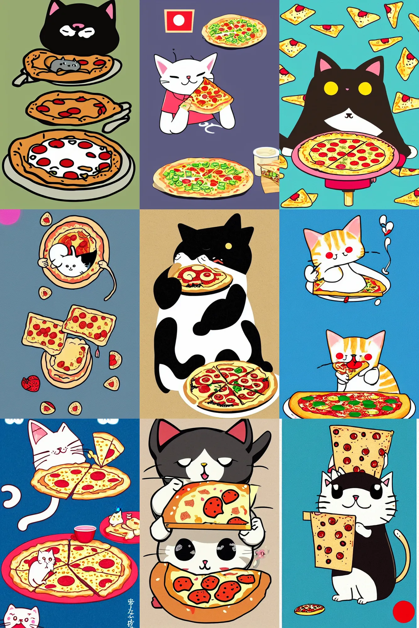 Image similar to Kawaii illustration of a cat eating pizza, japanese cute