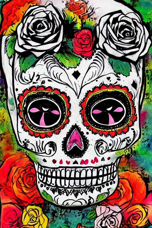 Prompt: illustration of a sugar skull day of the dead girl, art by ralph steadman