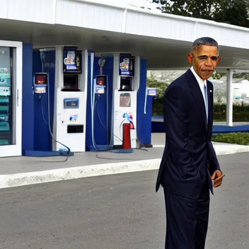 Image similar to barack obama, standing by a gas station, fresh fade haircut