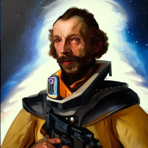 Prompt: a beautiful portrait of a galactic bounty hunter by Antoon Van Dyck, trending on Artstation