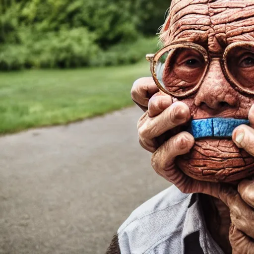 Image similar to an elderly man wearing a mask made from a doughnut, bold natural colors, national geographic photography, masterpiece, 8 k, raw, unedited, symmetrical balance