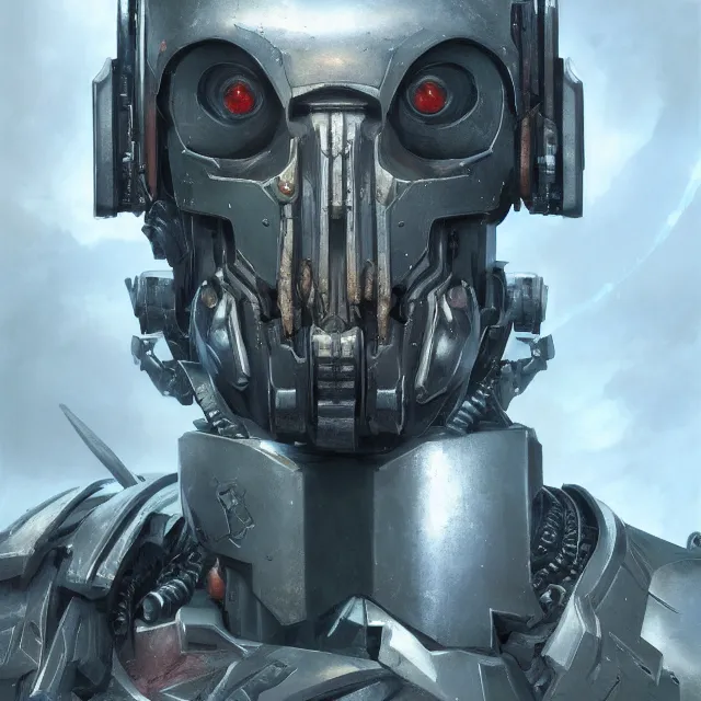 Image similar to hyper realistic portrait of warhammer android face symmetric cinematic, chaos marine, artstation, cgsociety, full head, greg rutkowski, james gurney, mignola, craig mullins, brom