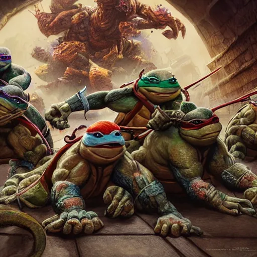 Prompt: four mutant ninja turtles eating a giant pile of fried rats, beautiful, intricate, detailed, volumetric lighting, scenery, digital painting, high detail, artstation, clear focus, illustration, concept art, ruan jia, steve mccurry