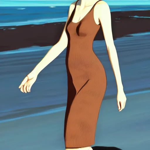 Image similar to slim cruel girl in dress with brown bob hair, elegant, walk down the beach, 2 d, ultra highly detailed, digital painting, smooth, sharp focus, artstation, art by ilya kuvshinov,